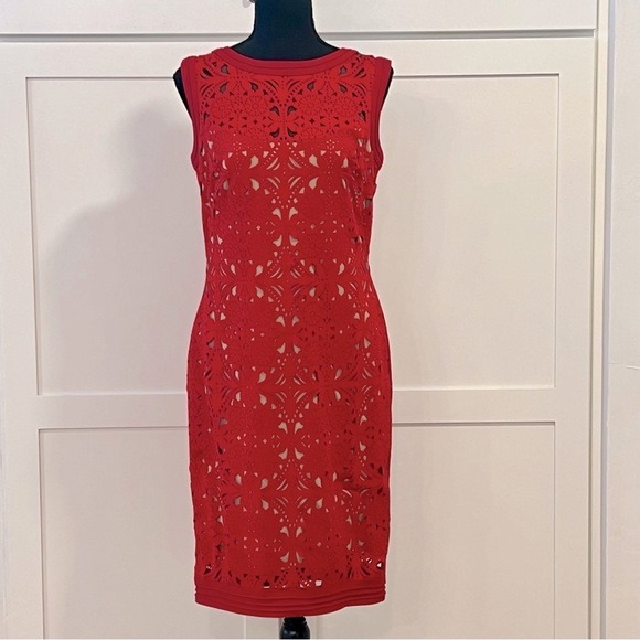Tadashi Shoji Red Laser Cut Suede Sheath Knee Length Dress Size medium - Picture 5 of 16